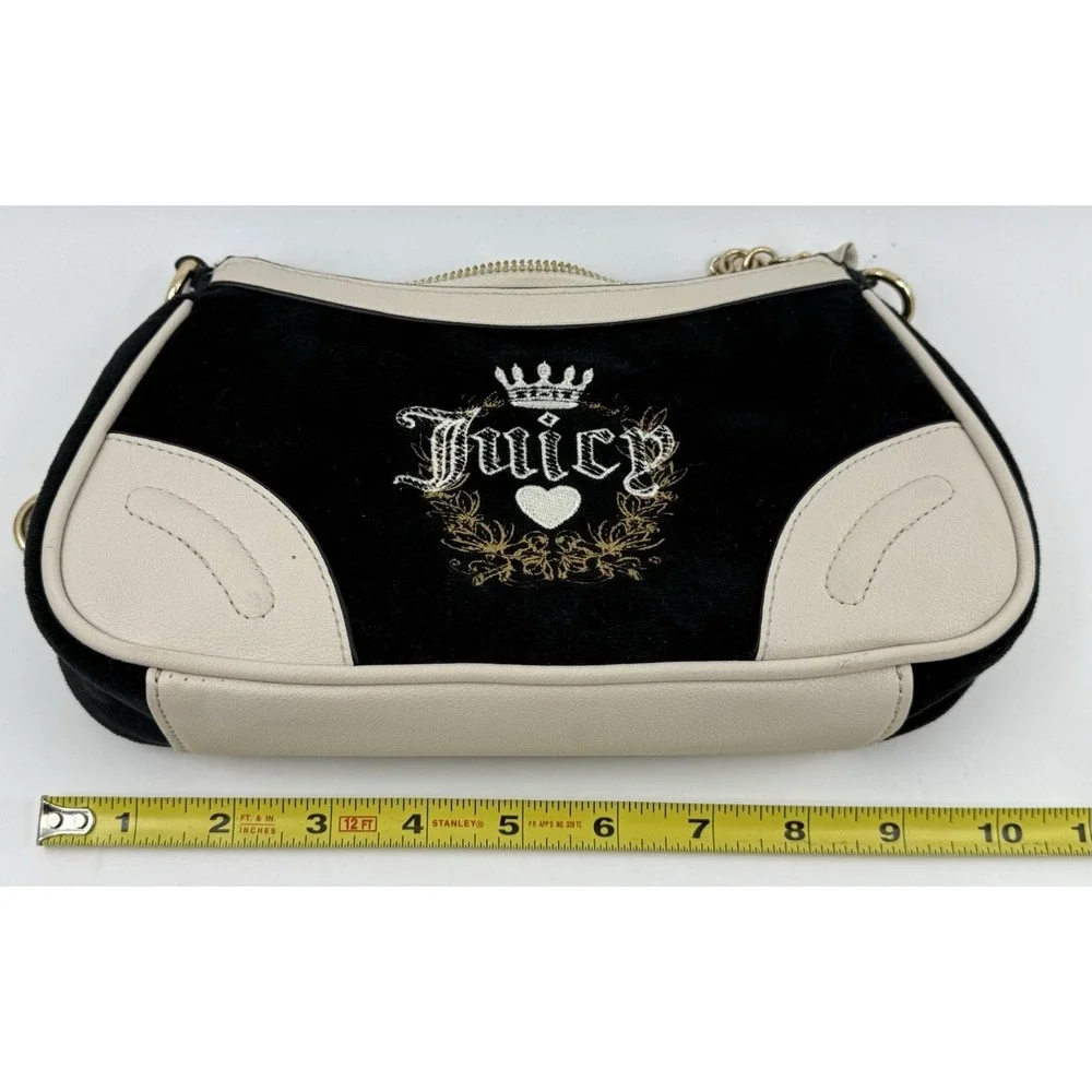 Juicy Couture Black Velour Purse Leather Trim Heart Charm Angel Heritage Bag